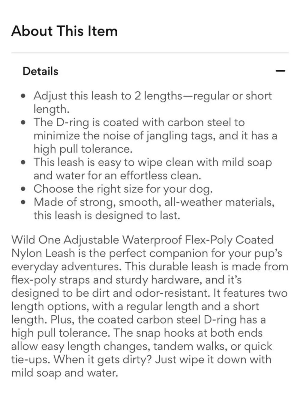Wild One Black Rubberized Waterproof Adjustable Dog Leash Black 69.5
